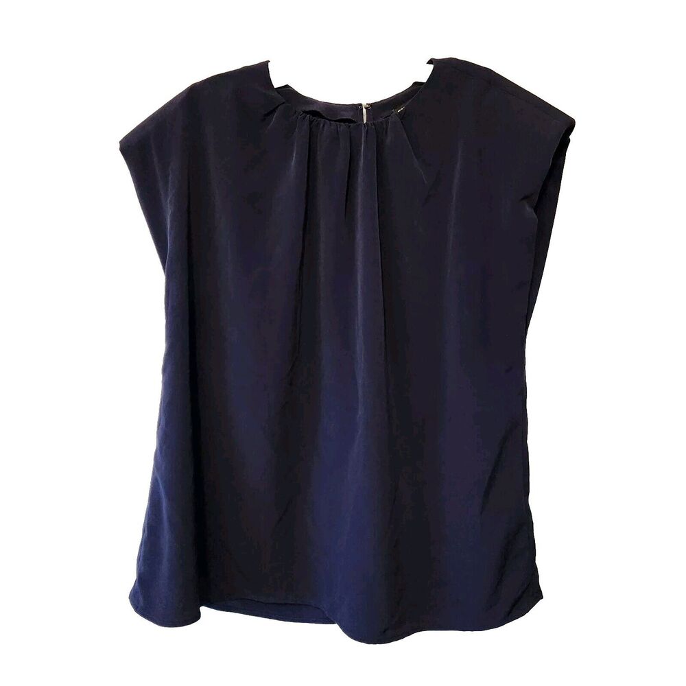 Express Navy Cap Sleeve Pleated Neck Blouse